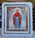 Ікона Покров Пресвята Богородиця у білому фігурному кіоті під склом, розмір кіота 30×26, сюжет 20×24., фото 3