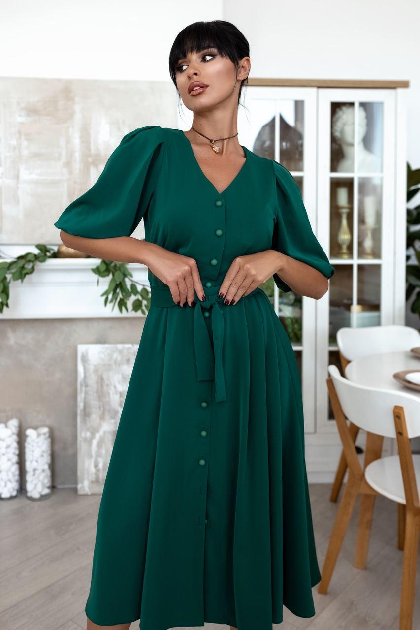 Елегантне плаття жіноче міді зелене з пишними рукавами (3 кольори) VS/-633179