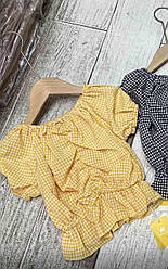 Літня блузка з коротким рукавом на дівчинку в клітку на гумці Жовта 824 30, Жёлтый, Девочка, Лето, 11 , 6 лет