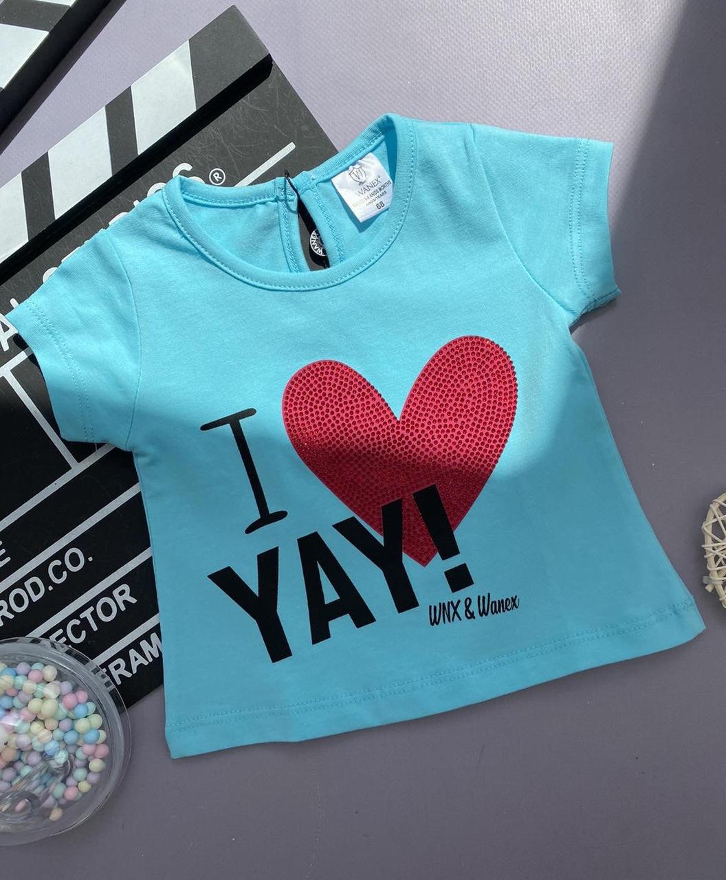 Футболка для дівчинки з написом "YAY!" та принтом серце Бірюзова 2-31493 Для дівчаток, фото 1