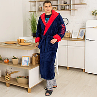 Мужской махровый халат синего цвета с красным воротником, капюшон, 2 кармана размер S (46) - 6XL(62-64) L(50)