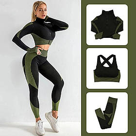 Жіночий костюм для фітнесу чорний з зеленим трійка розмір S