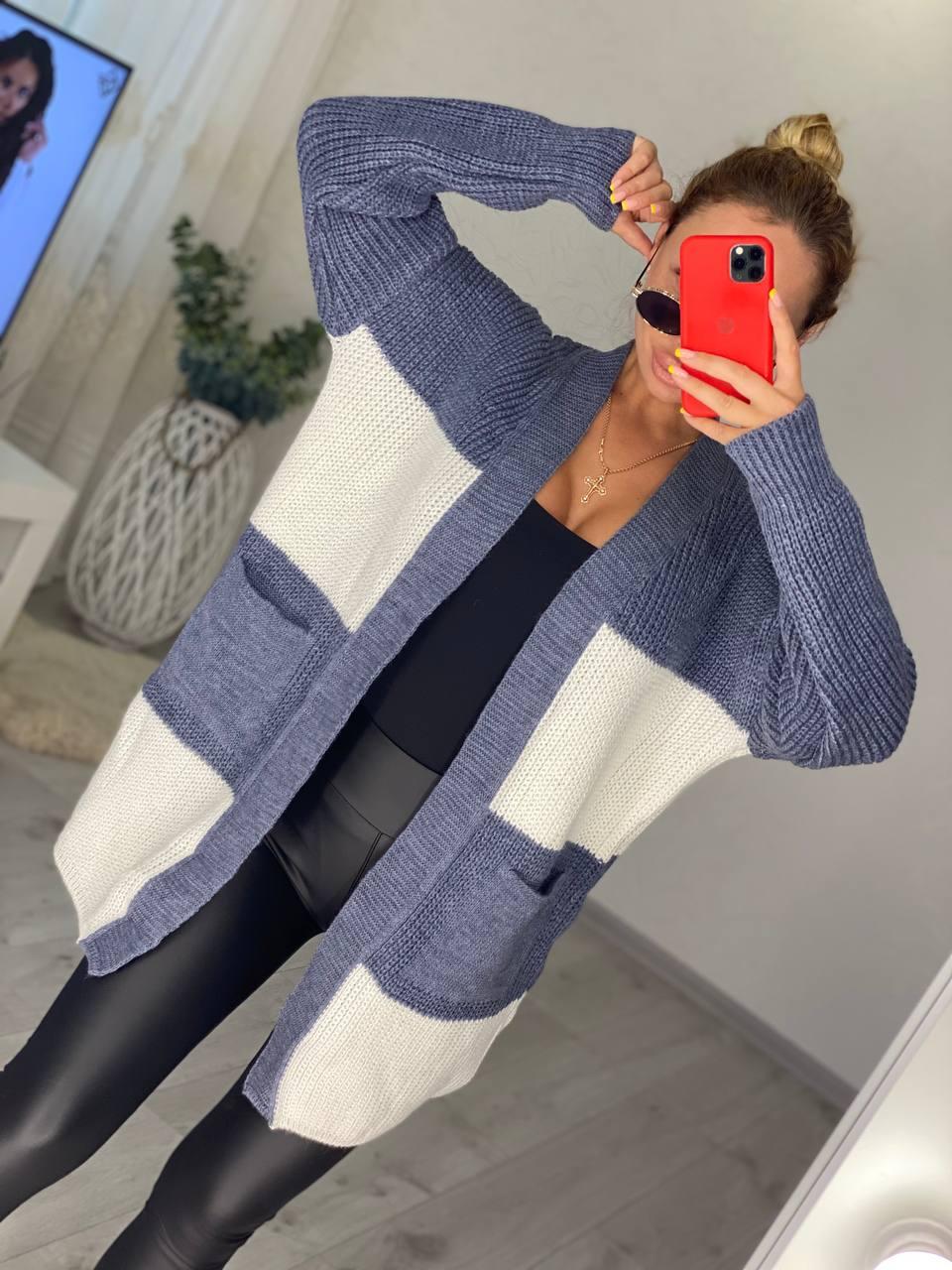 Модний жіночий кардиган у широку смужку теплий в'язаний Pmod389