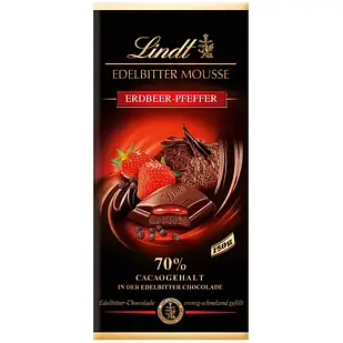 Чорний шоколад Lindt Edelbitter Mousse полуниця-перець 150 г