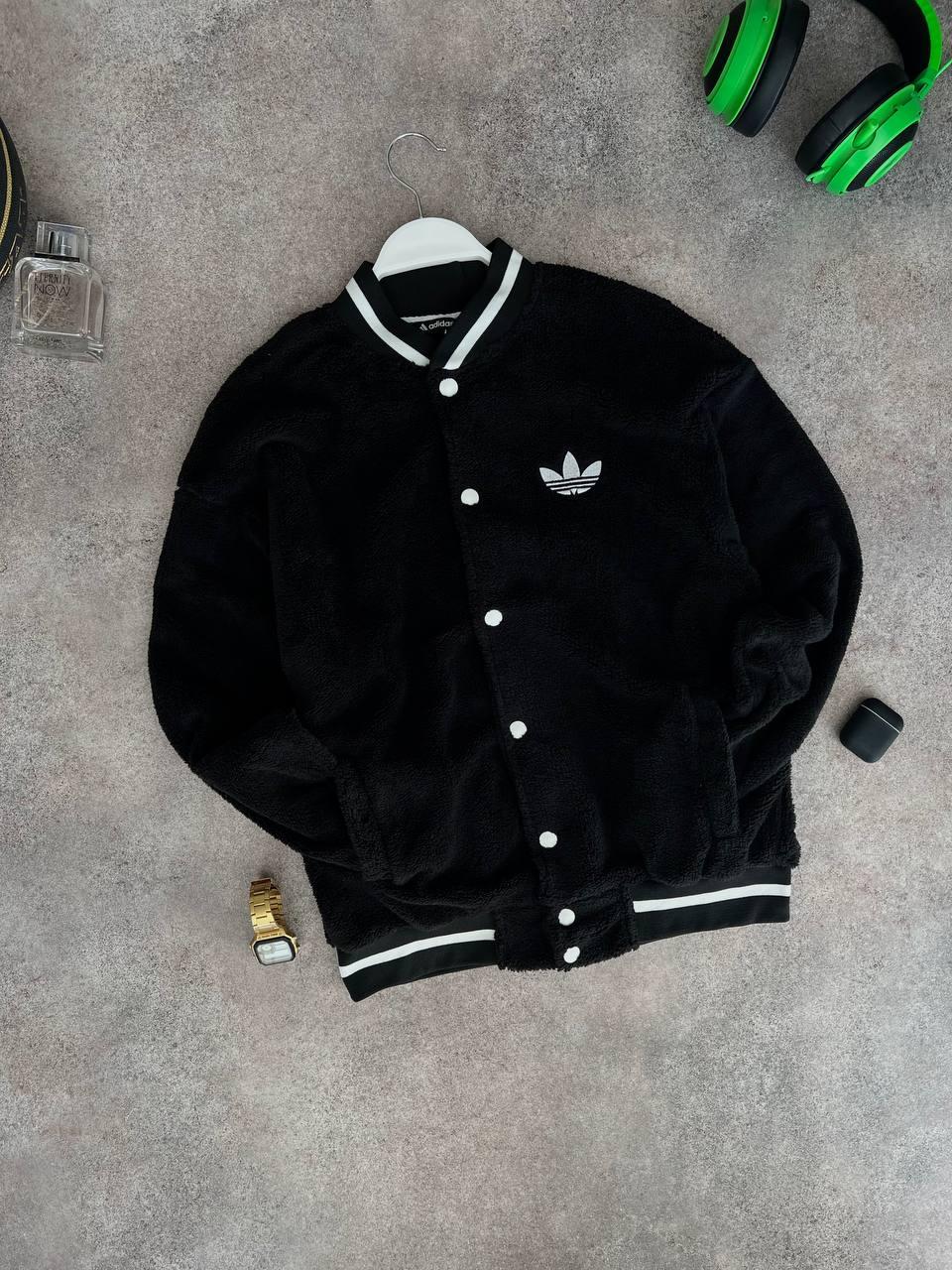 Кофта тепла чоловіча жакет Adidas толстовка чорна плюшева оверсайз, фото 1