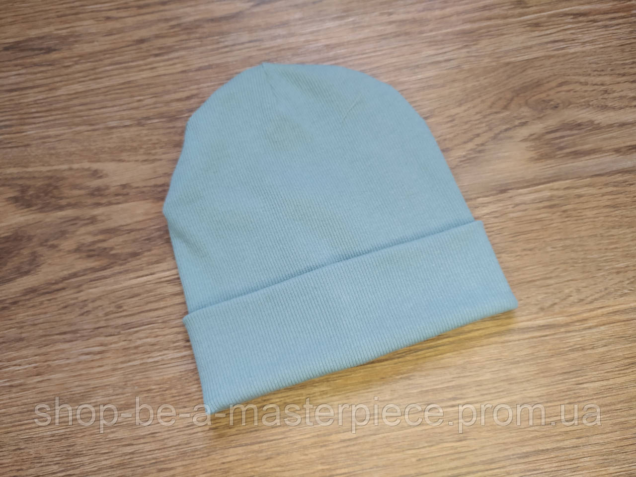 Трикотажна шапка onesize унісекс жіноча чоловіча подвійна з відворотом демісезонна в рубчик блакитний
