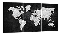 Модульная картина на холсте на стену для интерьера/спальни/офиса DK Карта мира с черно-белым узором 100x180 см