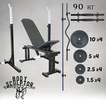 Комплект: лавка регульована зі стійками та штанги, пряма та з W-подібним грифом + гантелі 90 кг Граніліт