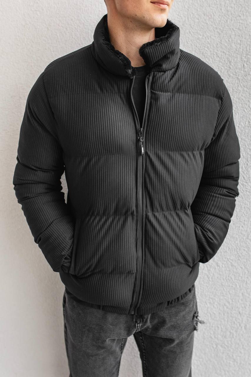 Куртка пуховик чоловіча зимова чорна вельветова тепла молодіжна укорочена дута, фото 1