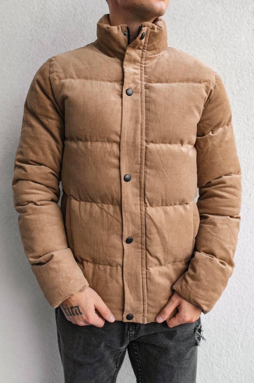 Куртка пуховик чоловіча зимова бежева вельветова тепла молодіжна укорочена дута, фото 1