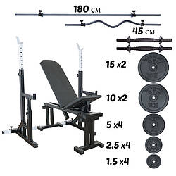 Комплект: лавка регульована та стійки зі страховкою та штанги, пряма та з W-подібним грифом + гантелі | 100 кг