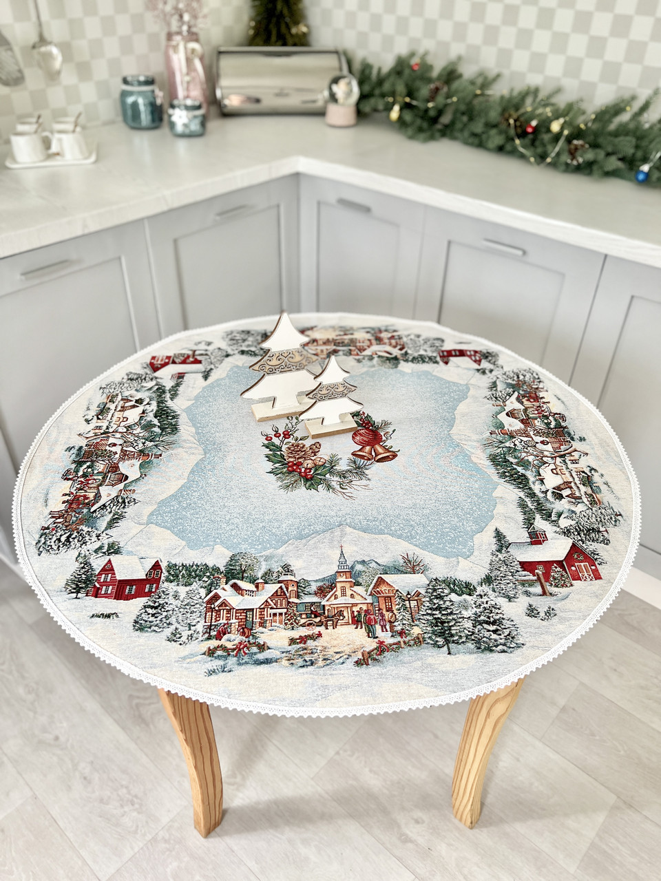 Кругла Новорічна скатертина гобеленова Ø90 см.,золотий люрекс, фото 1