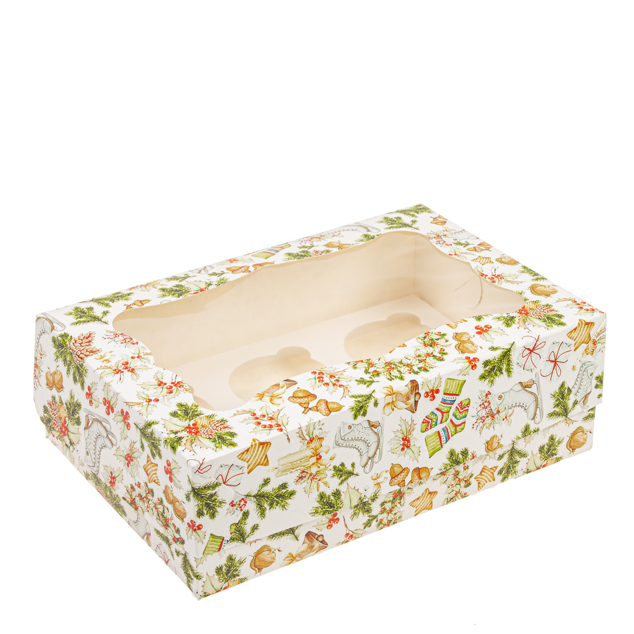 Коробка 250х170х80 (на 6 капкейків) з вікном "Новорічна зелена", фото 1