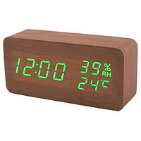 Сетевые часы VST-862S-4 температура + влажность (USB ААА) Коричневый с зелеными цифрами