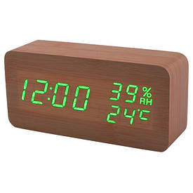 Електронний годинник VST-862S-4 + термометр + гігрометр (Коричневий корпус та зелені цифри)