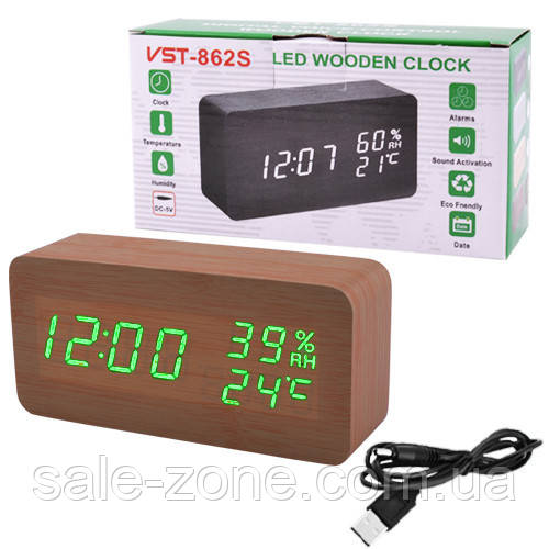Настільний мережевий годинник VST-862S-4 термометр + гігрометр (Коричневий корпус та зелені цифри)