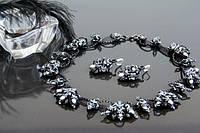 Комплект набор бижутерии кружевной с жемчугом "Черная лилия" Ожерелье и серьги Ручная работа