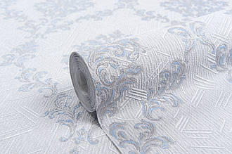 Вінілові на флізеліні шпалери геометрія з дамаським візерунком Vinil LS Шамані сіро-блакитний ДХV-1489/4 (1,06х10,05 м)