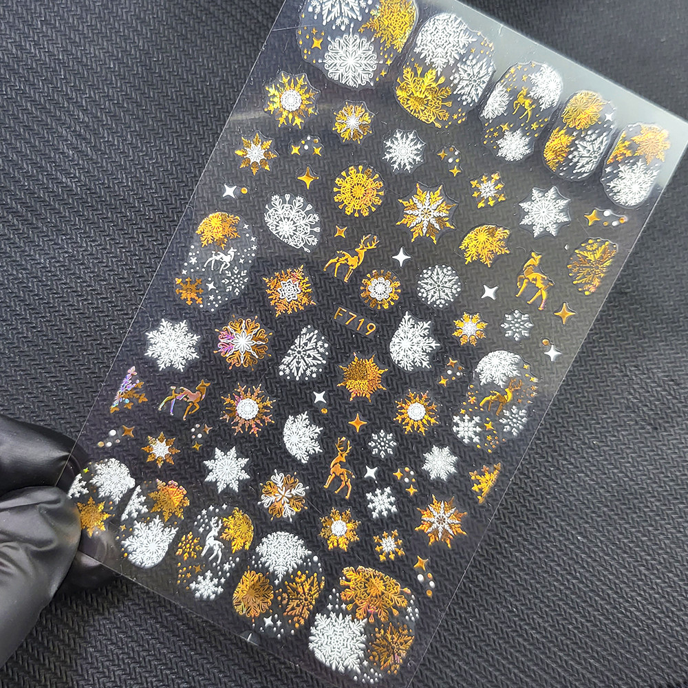 Наклейки для нігтів Nail stiker Merry Christmas феєрверки зірочки (білі із золотим) новорічні F719