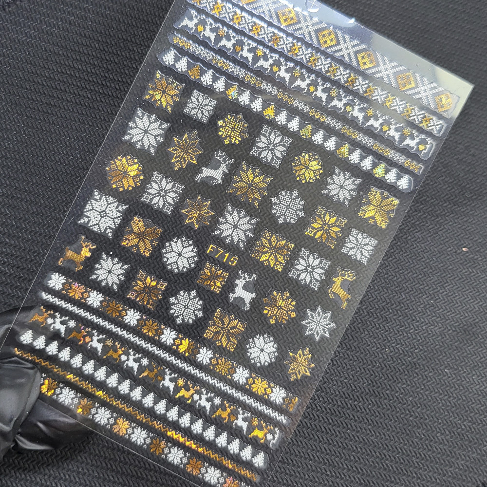 Наклейки для нігтів Nail stiker Merry Christmas новорічні орнаменти зірочки (білі із золотим) F715