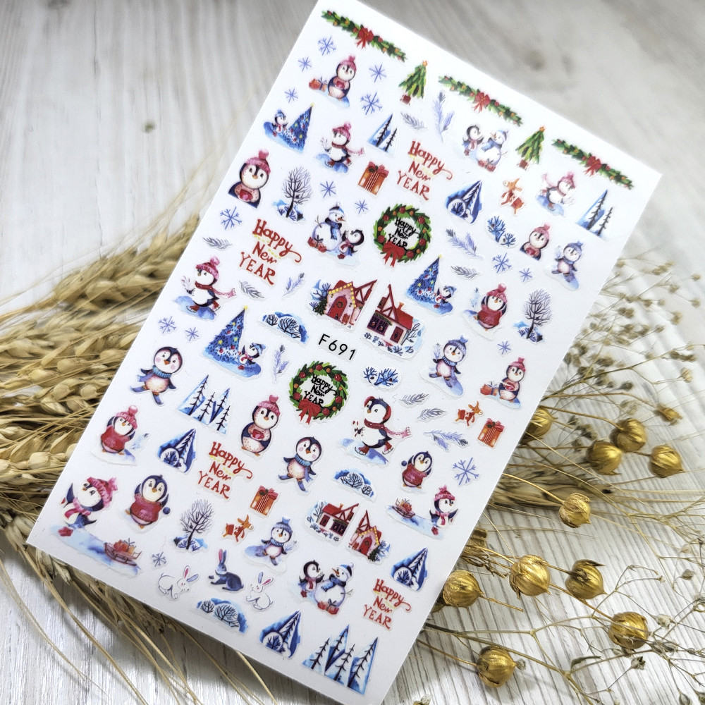 Наклейки для нігтів Nail stiker Merry Christmas (пінгвіни сніжинки) новорічні F691