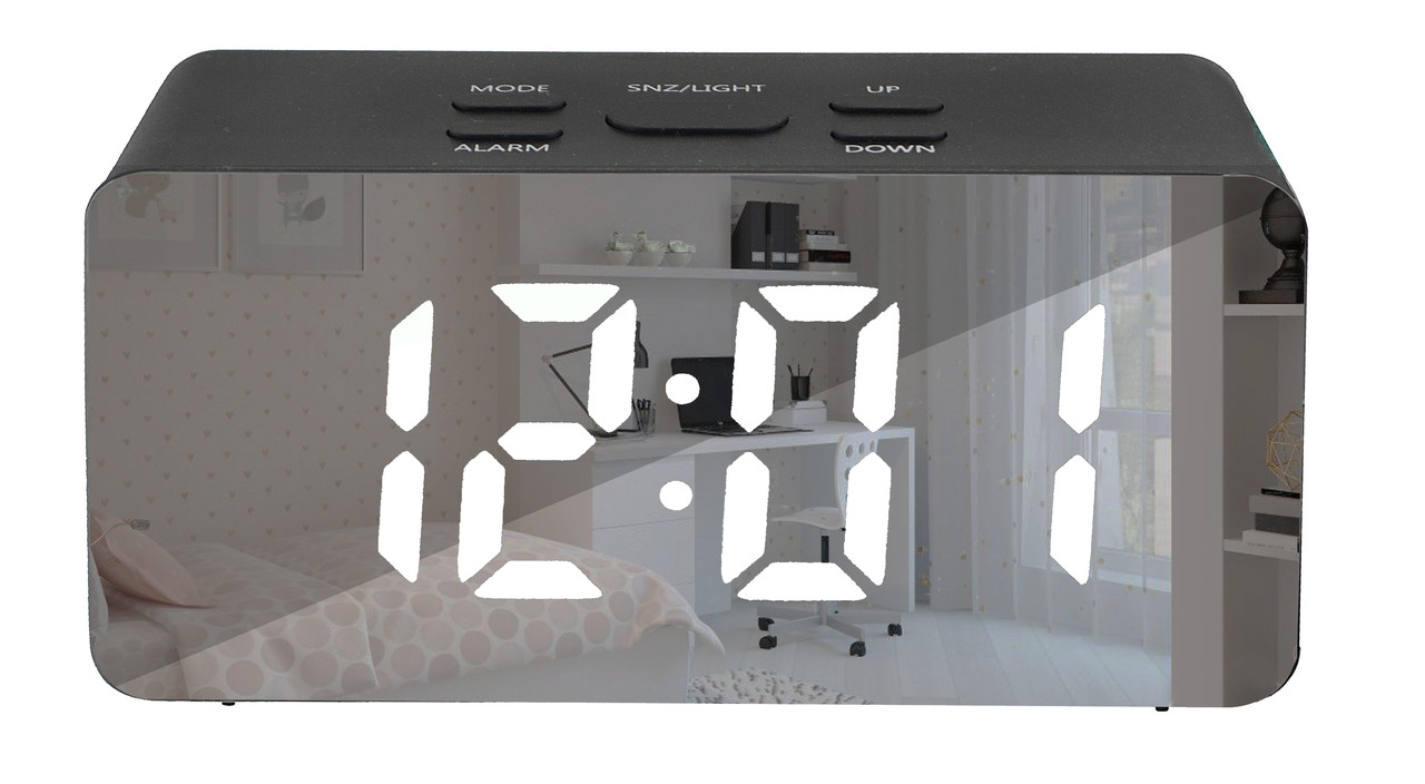 Дзеркальні LED годинник з будильником і термометром DS-3658L Black (біла підсвітка) (7569)