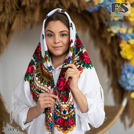 Біла Українська народна хустина Квіти України, фото 2