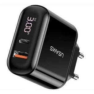 Зарядка USB Type C, 3A, 18W Адаптер мережевий USAMS US-CC085 T23 з дисплеєм, чорний, фото 1
