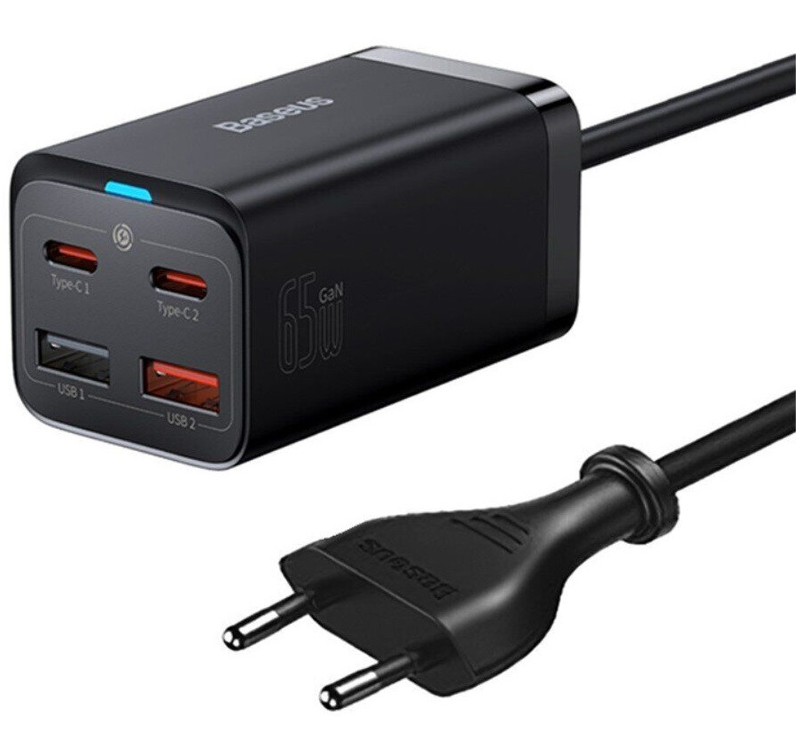 Адаптер мережевий BASEUS CCGP040001 GaN3 Pro CN 2Type-C, 2USB, 65 W, QC, з кабелем, чорний, фото 1