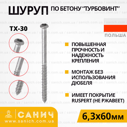 Шуруп по бетону для кріплення теплоізоляції з головкою TX-30. Покриття - Ruspert (Польща)