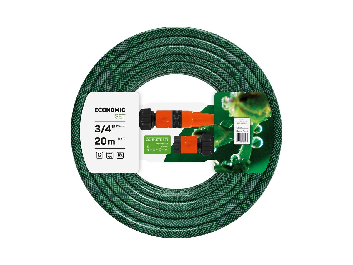 Поливальний набір Cellfast ECONOMIC 3/4 дюйма 20 м + набір фітингів BASIC садовий тришаровий — 10-102