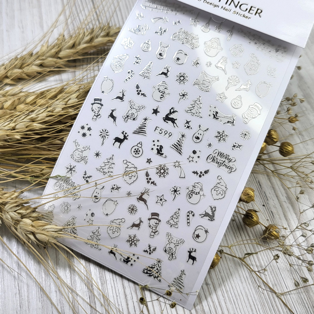 Наклейки для нігтів Nail stiker Merry Christmas (сніжинки ялинки) срібло F 599