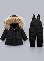 Детский зимний комплект (куртка, комбинезон) черный, детский зимний комбинезон двойка, натуральных пух, черный