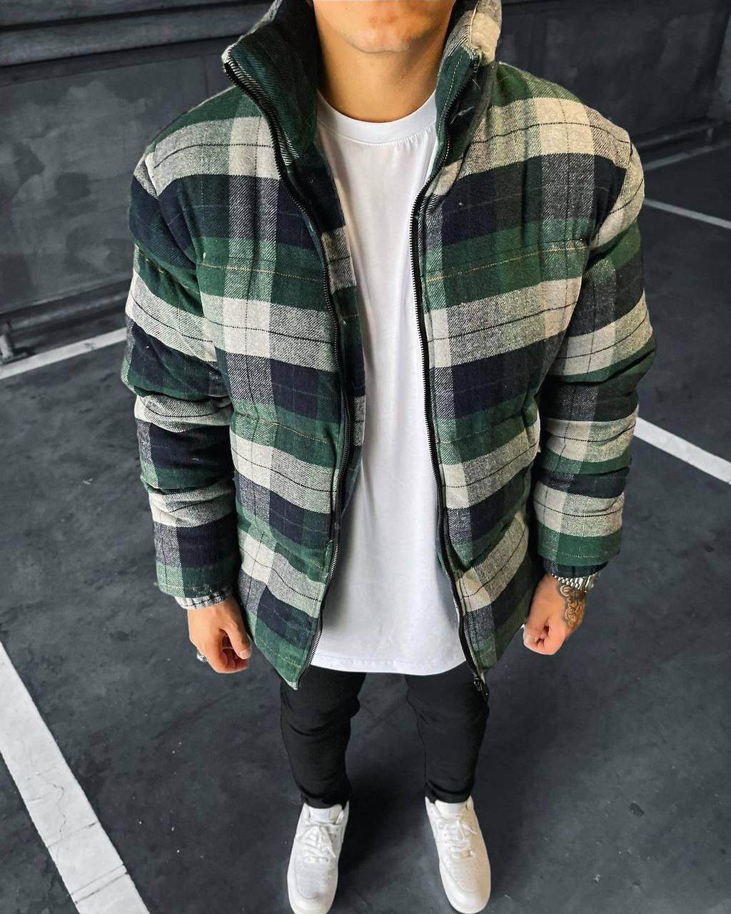 Мужская стильная тёплая зимняя клетчатая куртка оверсайз зелёная (ID ...