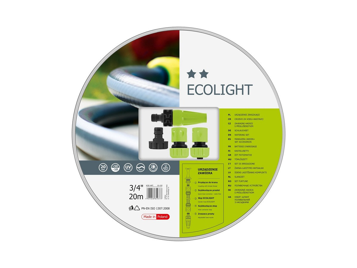Поливальний набір Cellfast ECOLIGHT 3/4 дюйма 20 м + набір фітингів IDEAL садовий тришаровий — 10-192