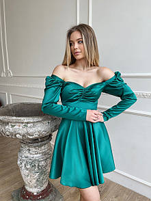 Вечірня зелена коротка сукня атласна з пишною спідницею