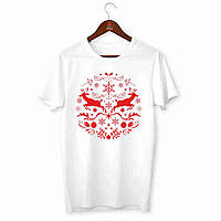 Футболка біла з новорічним принтом "Червоний новорічний візерунок з різдвяними оленями" Push IT