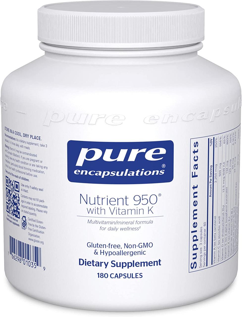Поживний розчин 950 з вітаміном К, Nutrient 950 with Vitamin K, Pure Encapsulations, 180 капсул BX131
