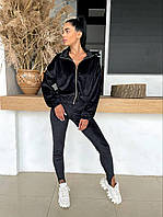 Велюровый,спортивный костюм :свободная кофта и штаны со штрипками,женский Черный