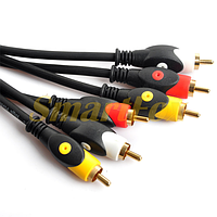 Кабель видео 3RCA/3RCA, GOLD connector, CU, круглый, черный, 3,0 м