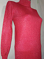 Теплое женское платье туника вязанное с люрексом вишнево-красный 42-46 (S-L)