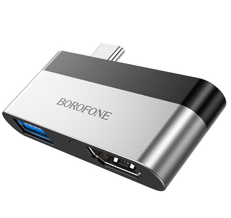 HUB адаптер BOROFONE DH2 Type-C на HDMI 4K USB 3.0, сріблястий, фото 1