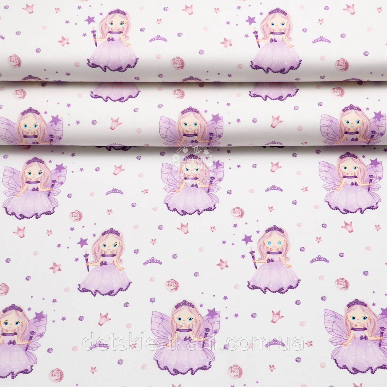 Ранфорс шириною 240 см "Принцеси-феї" бузкові на білому, №4328, фото 1