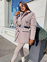 Женская зимняя куртка пуховик с отложным воротником и поясом (р.42-46) 5KU919 беж