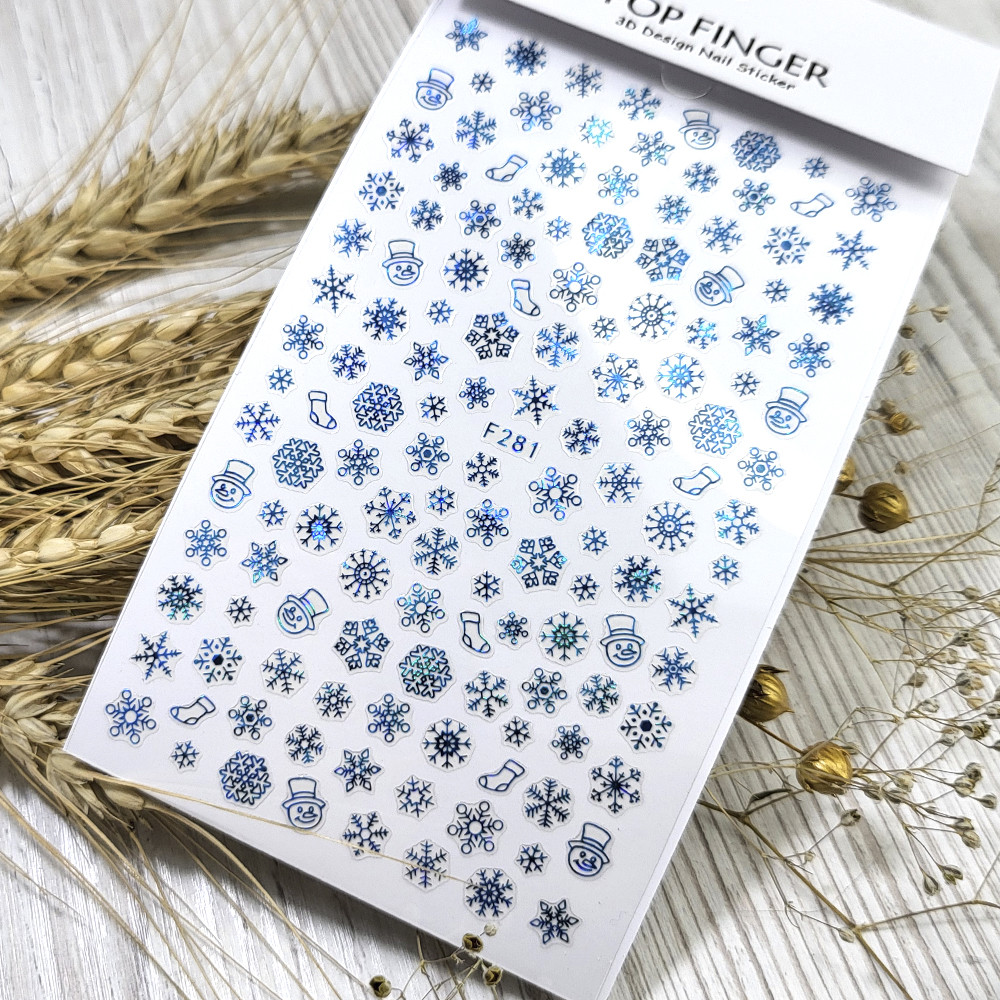 Наклейки для нігтів Nail stiker Merry Christmas новорічні (сніжинки) сині F281