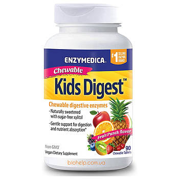 Enzymedica, Kids Digest, жувальні травні ферменти, фруктовий пунш, 90 табл. BX289