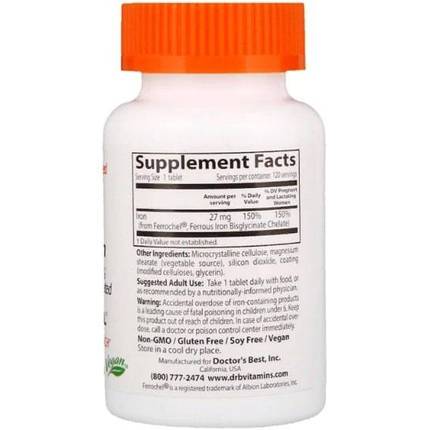 Doctor's Best High Absorption Iron with Ferrochel 27 mg 120 Tabs, фото 3