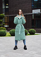 Женская куртка-пальто молочная в ромбик с утеплителем и поясом без пуговец двубортная весенняя осенняя M