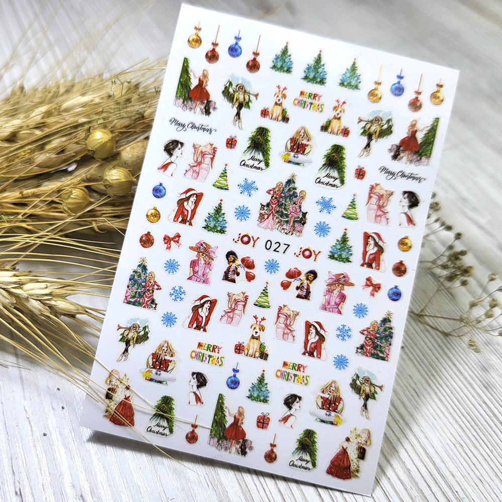 Наклейки для нігтів Nail stiker Merry Christmas (ялинки сніжинки дівчини) новорічні EB 027