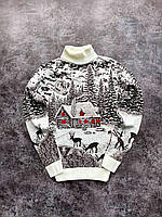 Чоловічий новорічний светр із оленями та будиночками білий із горлом вовняний (Bon)